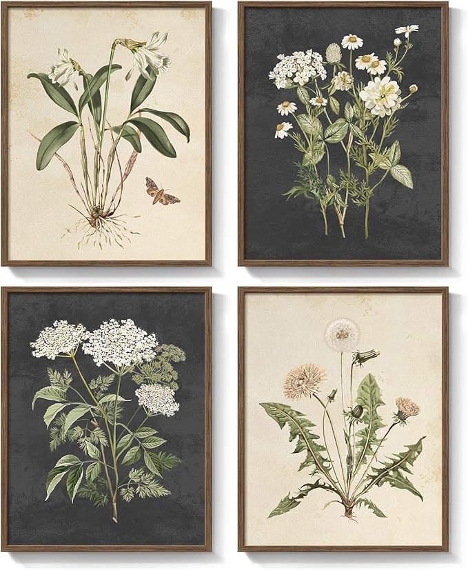Framed Botanical Wall Art for Living Room, 4 Piece Rustic Floral Canvas Paintings Prints, Vintage Flower Pictures for Farmhouse Dining Room Hallway Bedroom Kitchen Bathroom Wall Decor, 12x16 Inch