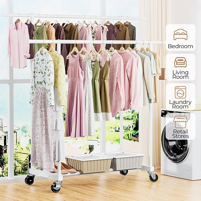 Abiglifty Double Rods Clothes Rack for Hanging Clothes, Clothing Rack with Wheels, Portable Closet Organizer for Laundry, Room (White)
