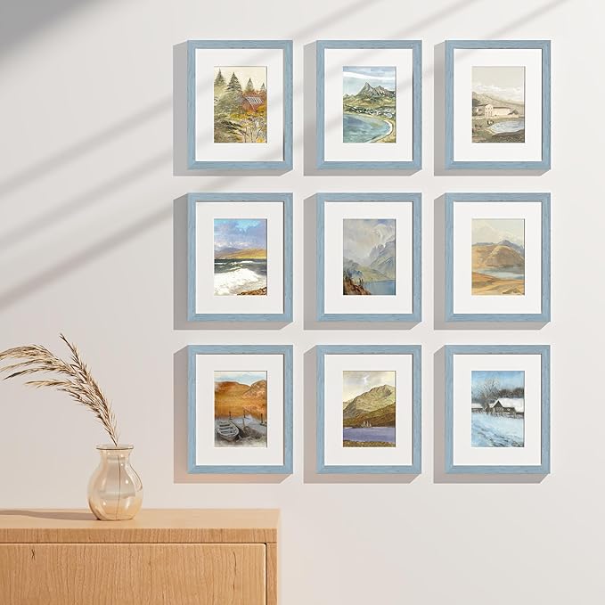 Vittanly 8x10 Picture Frames Set of 9, Shatter Resistant Plexiglass, Display 5x7 Pictures with Mat or 8x10 without Mat, Photo Frames for Wall or Tabletop, Engineered Wood, Rustic Blue