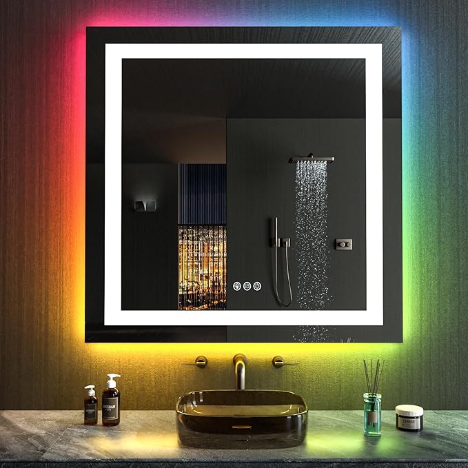 LOAAO 32"X32" LED Bathroom Mirror with Lights, Anti-Fog, Dimmable, RGB Backlit + Front Lighted, Bathroom Vanity Mirror for Wall, Memory Function, Waterproof, Tempered Glass