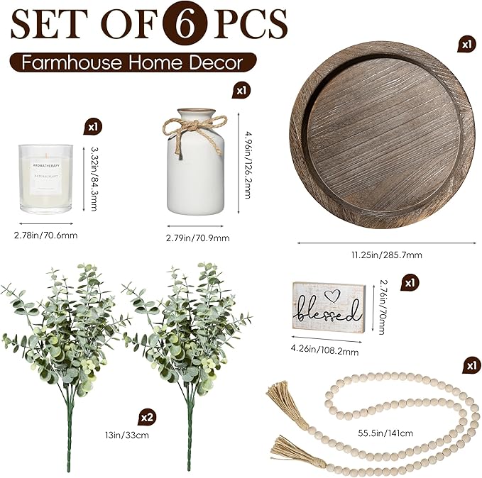 Rustic Modern Farmhouse Decor Set of 6 for Your Living Room, Kitchen Counter, Home or Table Centerpieces Room Decor, Wood Round Decorative Tray Gifts for Women Men