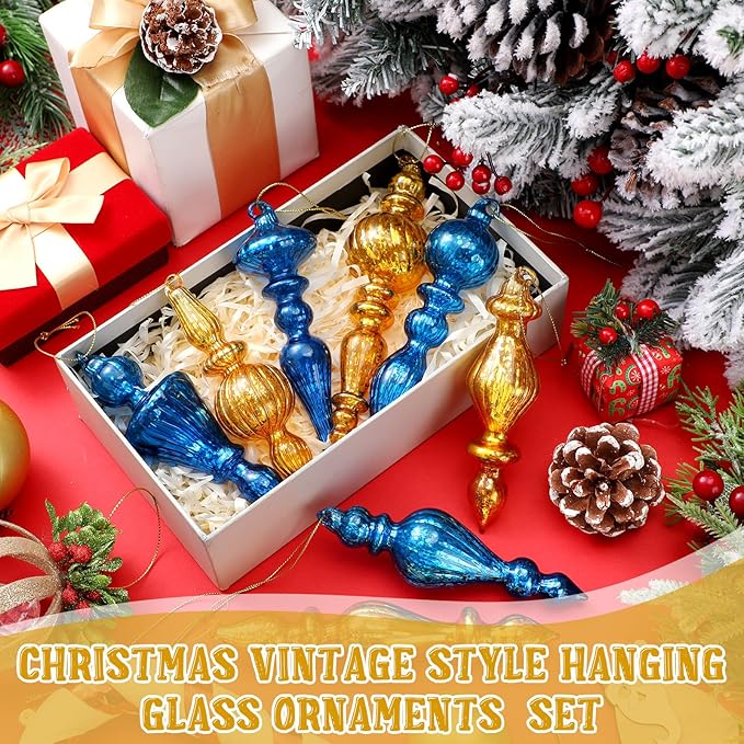 Mifoci 8 Pcs 6 Inch Mercury Glass Finial Christmas Ornaments Hanging Christmas Finials Glass Ornaments Assorted Mercury Decor for Vintage Holiday Xmas Tree Decoration(Blue, Gold)