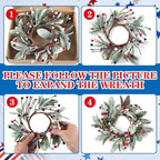 6 PCS Patriotic 4th of July Hanging Wreaths for Cabinets Small Independence Day Wreaths for Front Door with Red White Blue Berries & Lamb's Leaves Memorial Day Labor Day Mini Wreath for Home Decor