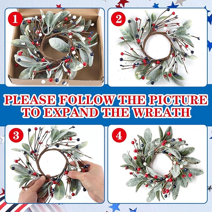 6 PCS Patriotic 4th of July Hanging Wreaths for Cabinets Small Independence Day Wreaths for Front Door with Red White Blue Berries & Lamb's Leaves Memorial Day Labor Day Mini Wreath for Home Decor