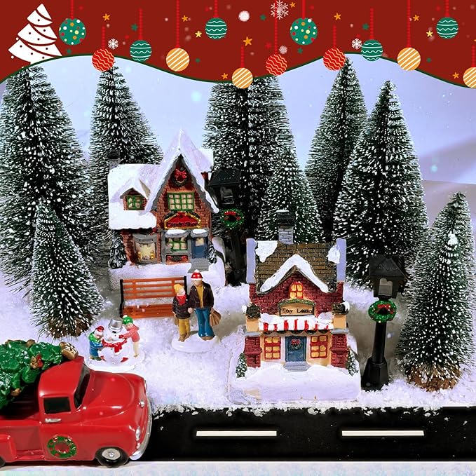 Rileryan Christmas Village Vintage Red Truck Decor Figurines for Mini Christmas Village Town Accessories Pieces Cars Vehicles Sets Decorations Home Indoor Decor Gift