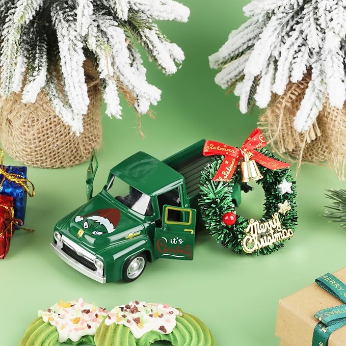 Christmas Vintage Green Truck Decor with Car Wreath Green Truck Vintage Home Tiered Tray Decor for Christmas Tables Home Kitchen Mantel Shelf Bookshelf Coffee Mini Trucks Decorations