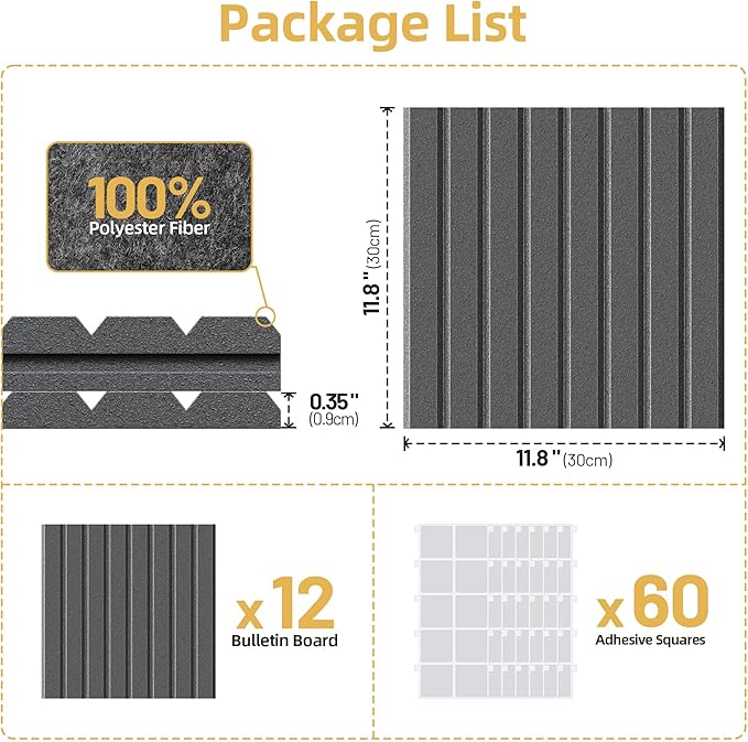 Large Cork Board for Wall 36" x 48" Black Bulletin Board with Safe Removable Adhesive Squares for Pictures Photos, Alternative CorkBoard Felt Pin Boards Tiles for Office Classroom Wall Decor-12 Pack