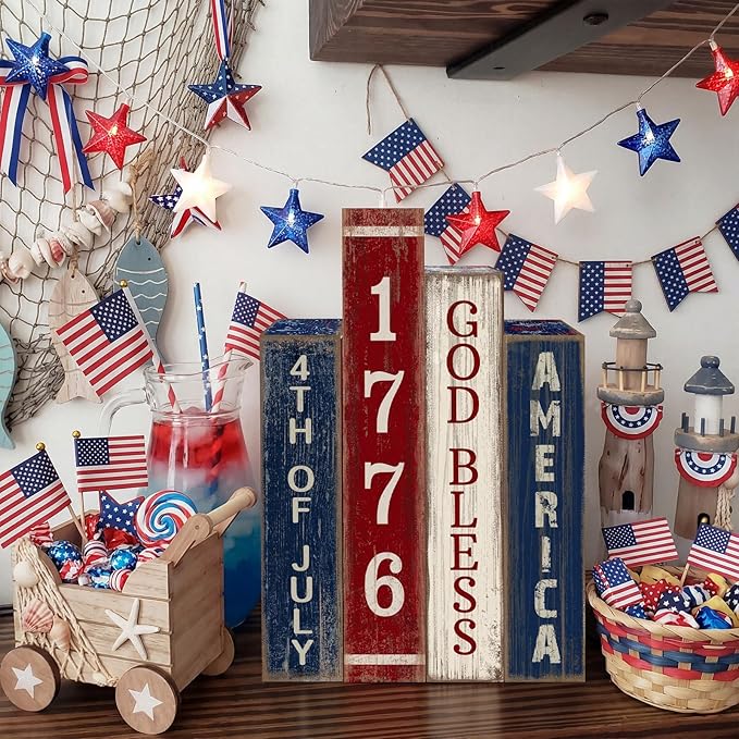 Lineshading 4 Pcs 4th of July Table Decoration Wooden Book 1776 God Bless America Decor Patriotic Tiered Tray Decor Farmhouse Red White and Blue American Block Signs for 250th Anniversary Home Shelf