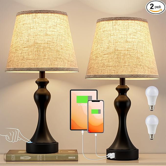 Seealle Touch Lamps for Nightstand - Bedside Lamps Set of 2, 3 Way Dimmable, USB C+A for Bedroom & End Tables (Beige&Black)