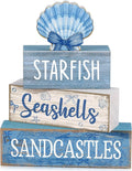 Moucuny 4 Pcs Nautical Beach Decor Shell Tiered Tray Decoration Blue Bow Table Centerpieces Summer Rustic Decorative Block Signs Gift Farmhouse Table Sign for Home Kitchen Shelf