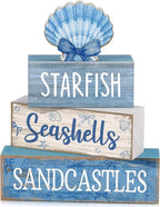 Moucuny 4 Pcs Nautical Beach Decor Shell Tiered Tray Decoration Blue Bow Table Centerpieces Summer Rustic Decorative Block Signs Gift Farmhouse Table Sign for Home Kitchen Shelf