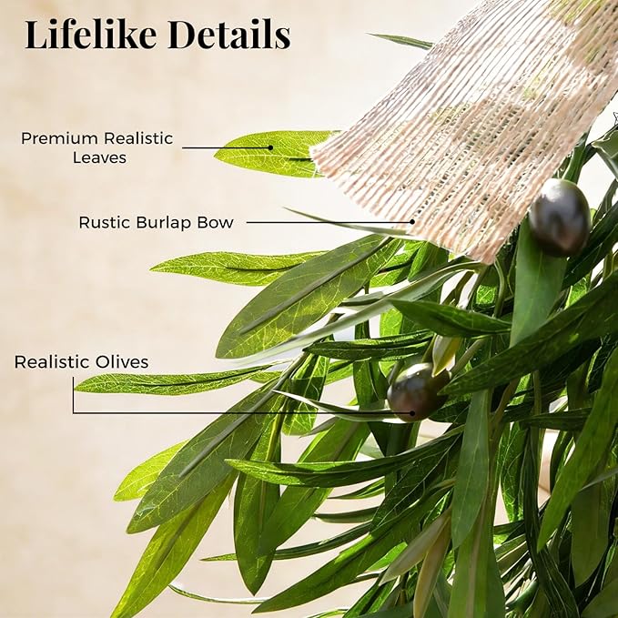 Artificial Olive Teardrop Swag Wreath for Front Door - 22 Inch Faux Greenery Wall Decor with Burlap Bow - Farmhouse Olive Branch Swag for Indoor Kitchen Entryway Wedding Arch