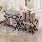 Pack of 2 Fully Assembled Bamboo Luggage Racks, Folding Suitcase Stand with Shoe Shelf, 5 Nylon Straps, Heavy Duty, Luggage Stands Ideal for Guest Room, Bedroom, Hotel, Espresso