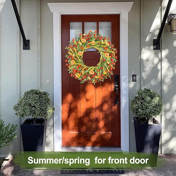 26" Floral Wreath, Artificial Spring Wreaths for Front Door, with Wildflower Portulaca Flowers, Indoor Outdoor Porch Window Wall Home Decor for Valentine’s Day Easter, Summer & Wedding Orange
