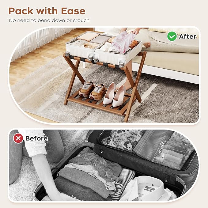 Full Assembled 26.77"L Luggage Rack Set of 1 - Luggage Stand for Guest Room, Foldable Suitcase Stand with Shoe Shelf, Luggage Holder for Suitcases, Bedroom, Hotel (Walnut Bamboo Suitcase Holders)