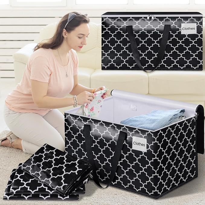 HomeHacks Heavy Duty Moving Bags with Tag Pockets, Collapsible Storage Totes for Moving, Camping & Travel -Foldable Packing Boxes, Zipper Handles, Black（2 Packs, 100L）