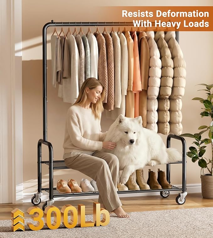 AOODA Heavy Duty Clothes Rack with Shelves, 46.5'' Metal Rolling Clothing Racks for Hanging Clothes, Wardrobe Garment Rack with Lockable Wheels for Coats, Shirts, Shoe Boxes (Black)