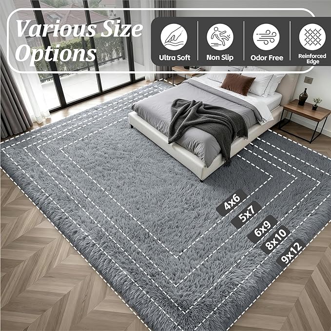 Fluffy 5x7 Area Rugs for Living Room Bedroom: Ultra Soft Shag Rug Non-Slip Non-Shedding Small Plush Bedside Rug Indoor Floor Carpets for Kids Room Playroom Entryway Nursery Dorms Home Decor Gray