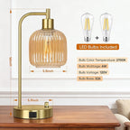 QiMH Industrial Table Lamp for Bedroom Set of 2, Champagne Glass Beside Lamp with USB A&C Ports, Stepless Dimmable Gold Lamps, Nightstand Lamps for Living Room, Office, Home Decor(Bulb Included)