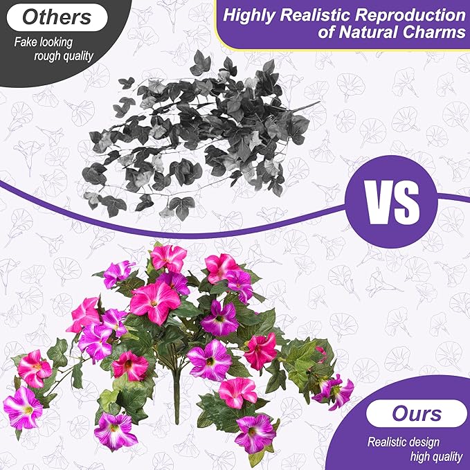 Artificial Hanging Fake Flowers with Basket Plants for Outdoor Decoration, Faux Silk Flower UV Resistant Morning Glory for Home Porch Patio Garden Balcony Yard Look Real (Fuchsia Lotus)