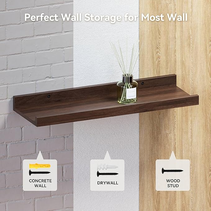 Boswillon 23.6 Inch Long Floating Shelves - 2 Set Farmhouse Wall Shelf for Bedroom, Nursery Book Shelf with Lip, Picture Ledge Shelf for Wall Decor Living Room Bathroom Kitchen - Walnut