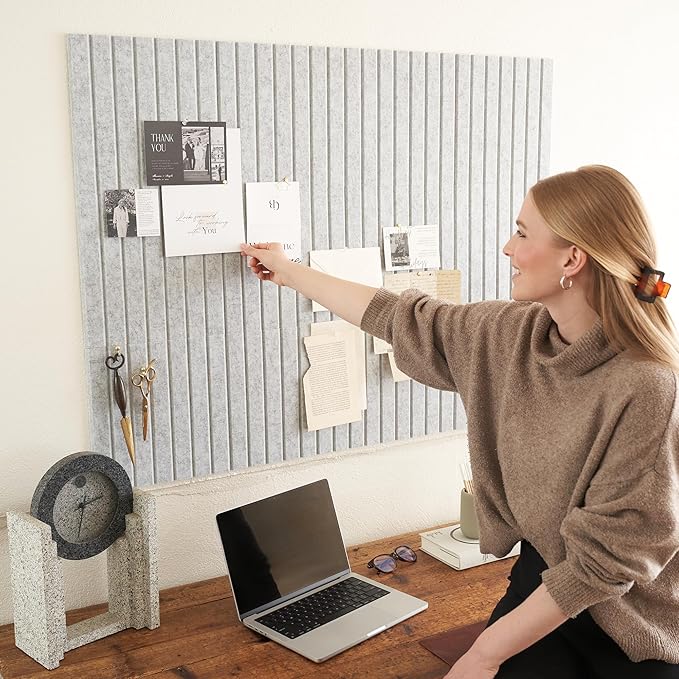 Large Felt Bulletin Board - Stylish Perfectly Sized 35" x 47" Cork Board Alternative for Office & Wall Decor – 12 Customizable Adhesive Tiles w/Golden Pins are Perfect to Display Your Photos