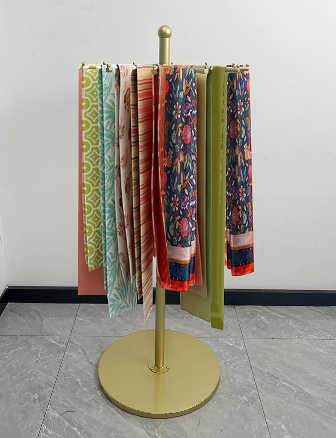 23 Inch Rotating Scarf Display Rack,Metal Purse Rack with 12 Hooks & Adjustable Base, 100 LBS Capacity, Freestanding Premium Retail Handbag Rack for Home & Commercial Use,Gold