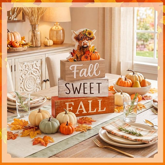 Moucuny 4 Pcs Fall Decoration for Highland Cow Home Fall Table Decor Wooden Stacked Block Decor with Sunflower Cow & Pumpkin Topper Rustic Thanksgiving Tiered Tray Decoration for Harvest Home Kitchen