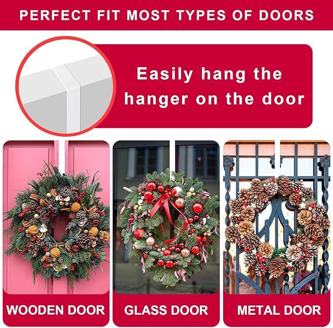 ESFUN Black Wreath Hanger for Front Door, Metal Wreath Hooks Holder Over The Door Wreath Hanger for Hanging Christmas Decorations Xmas Decor (2 Pack-White, 12 Inch)