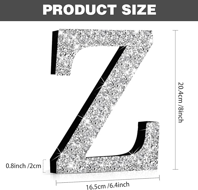 Qunclay 8'' Silver Crystal Diamond Bling Letters Crushed Diamond Decoration Wooden Glitter Letter with Screw and Hooks Rhinestone Gift for Wedding Y2k Mcbling Bedroom Wall Decor (Letter Z)