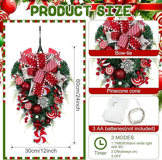 Lyrow 4 Pcs Cordless Prelit Christmas Artificial Swags 24" Xmas Stairway Swag Teardrop Trim Christmas Staircase Decoration Battery Operated Garland for Indoor Outdoor Railing Decor