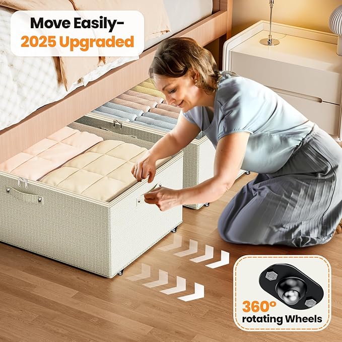 Dayacoco Underbed Storage with Wheels, 2 Pack Under Bed Storage Containers with Clear Lids, No Assembly Required 10.1 inch Rolling Under Bed Storage for Clothes, Beige