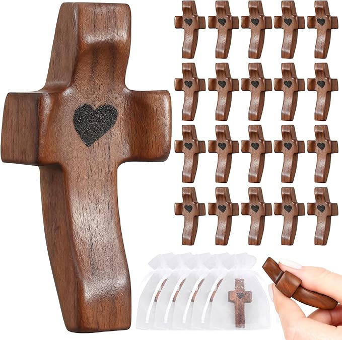 30Pcs Wooden Cross Fidget with Organza Bags Cross My Heart/ Encouragement Gift Handcrafted Walnut Pocket Cross Handheld Prayer Stress Relief Christian Faith Gifts Religious Easter Day Gifts (Brown）