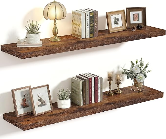 Vivelove 10 Inch Deep Floating Shelves 36 inch Long, 36 x 10 Wide Wall Shelves with Invisible Brackets, for Bedroom Bathroom Living Room Kitchen Office, Farmhouse Home Decor, Set of 2, Rustic Brown