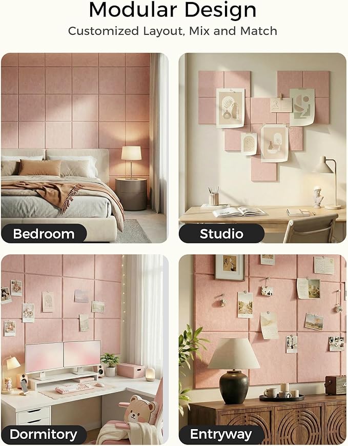 Aothia 12-Pack Felt Bulletin Board Tiles for Walls - 48x36 Modular Bulletin Board, Cork Board Alternative Pin Board for Office & Classroom, 70 Adhesive Tabs & 40 Push Pins Included (Pink)