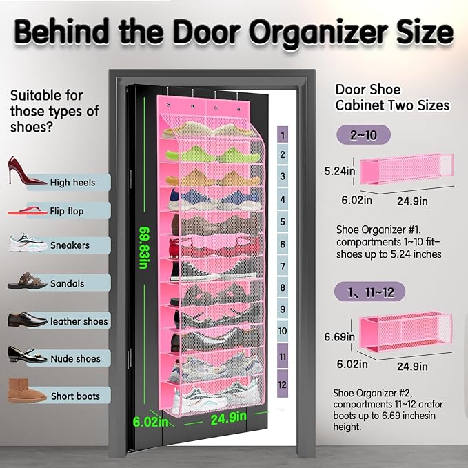 Over The Door Shoe Organizer with 12 Large Breathable Pockets - Durable Hanging Storage for the Entire Family's Shoes (Pink)