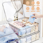 Sock Underwear Organizer, 16 Compartment Adjustable Dividers Tie Bras Socks Underwear Drawer Organizers for Closet, Clear Plastic Storage Containers Box with Lids for Bra Ties Scarf Socks