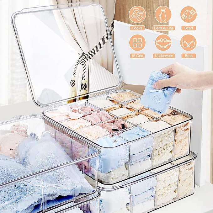 Sock Underwear Organizer, 16 Compartment Adjustable Dividers Tie Bras Socks Underwear Drawer Organizers for Closet, Clear Plastic Storage Containers Box with Lids for Bra Ties Scarf Socks