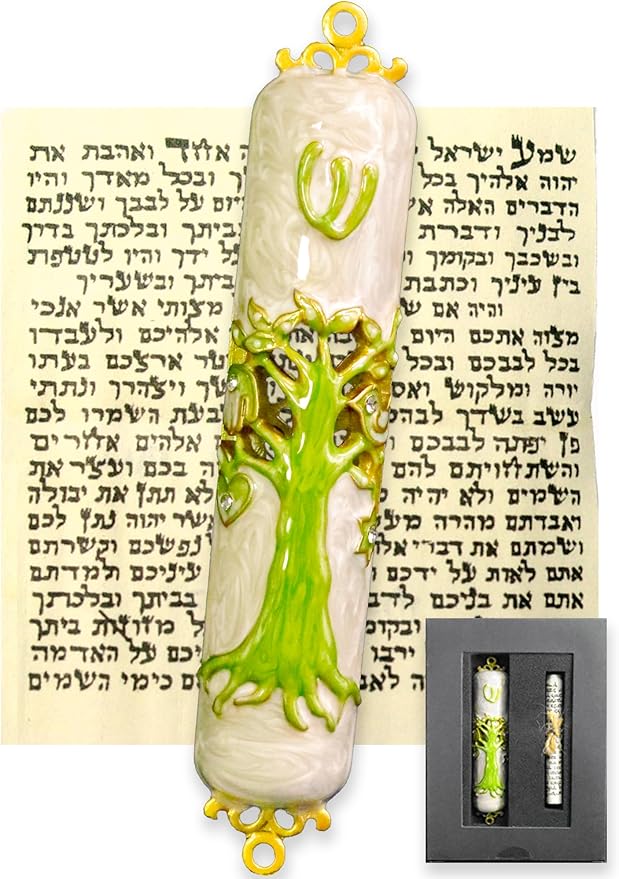 Exquisite Enamel Design Mezuzah with Scroll, Easy Install Use Double-Sided Tape, Tree of Life Theme Mezuzah for Door with Crystal Diamond Accent for Any Memorable Jewish Occasions, 3.8”