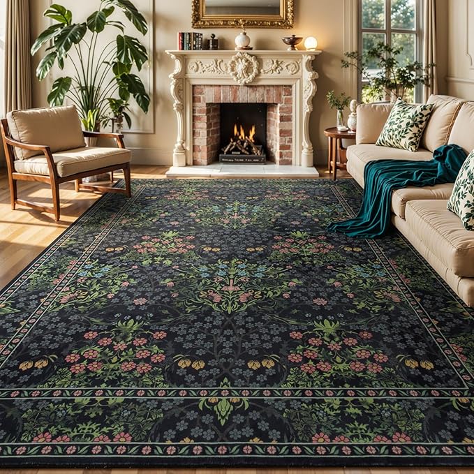 Lessymo Area Rugs 9x12 Living Room, Soft Washable Rug for Bedroom Dining Room Nursery Farmhouse, Boho Non Slip Low Plie Large Carpet Vintage Moody Dark Boho Flower, Black Green