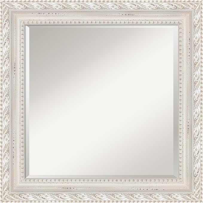 Amanti Art White Wall Mirror 26x26 Opera Off White Square Bathroom Mirror for Wall Decor Living Room, Medium Traditional Wood Frame, Hangs Horizonally and Vertically, Bathroom Decor, Beveled Edge