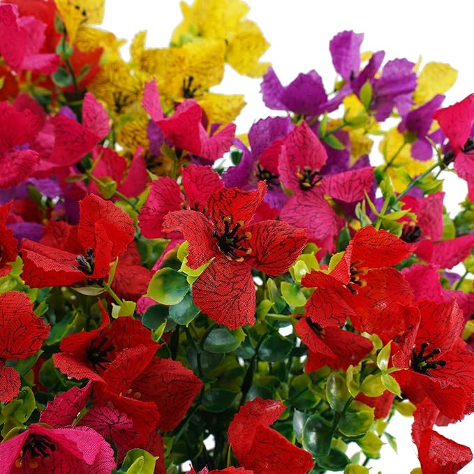 Artificial Faux Plants Flowers Outdoor Spring Summer Decoration, 12 Bundles Fake Silk Colorful Daisy Eucalyptus Realistic UV Resistant for Outside Home Planter Porch Yard Decor (Mix)