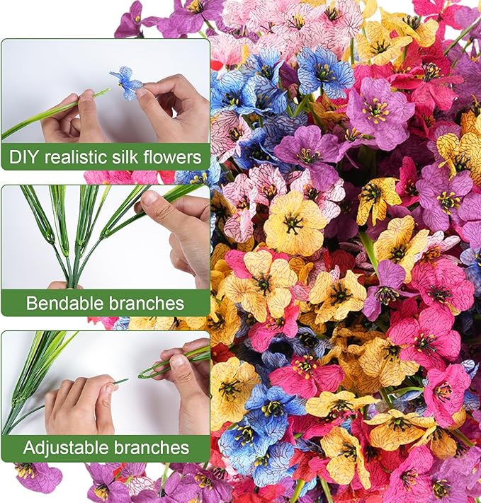 24 Bundles Artificial Flowers for Outdoor Faux Plants for Spring Summer Decoration, UV Resistant Realistic Silk Plastic Fake Flowers Garden Porch Patio Balcony Yard Front Home Decor