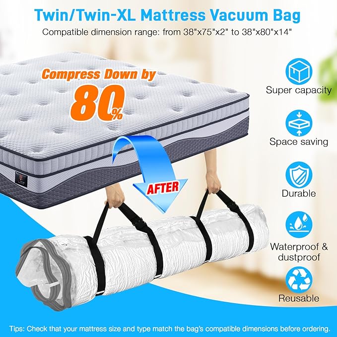 Mattress Vacuum Bag Twin/Twin XL Space Saver Mattress Vacuum Seal Bag with Straps for Moving Double Zip Seal Reusable Mattress Compression Vacuum Storage Bags