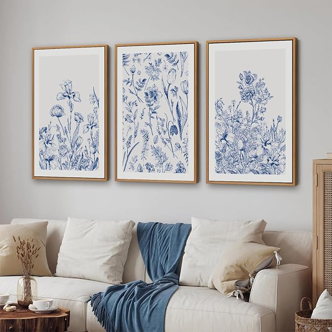 SIGNINART Classic Chinoiserie Framed Canvas Wall Art Set, Blue and White Floral Art Painting, Minimalist Botanical Flower Artwork, Navy Blue Wall Decor for Bedroom, Living Room, Office 24"x36"x3