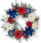Valery Madelyn 20 Inches 4th of July Wreath for Front Door with Lights, Red White Blue Patriotic Floral Wreath Memorial Day Decorations with Ball Ornaments for USA 250th Anniversary Summer