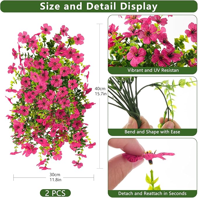 Artificial Faux Flowers Plants for Outdoor Spring Summer Decoration, 2PCS Fake Silk Daisy Flowers No Fade UV Resistant Realistic for Outside Home Planter Porch Patio Balcony Yard Decor (Rose Red)