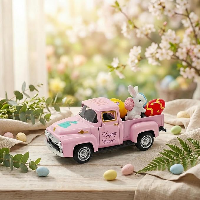 Pink Easter Decorations - Mini Farmhouse Vintage Metal Truck with Easter Eggs & Bunny, Pink Spring Farm-Style Pickup Decor for Table Tiered Tray Home Kitchen Office Keepsake Gifts