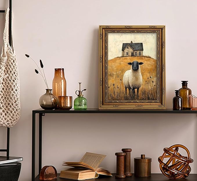 Vintage Gold Framed Wall Art Retro Country Sheep Oil Painting Canvas Prints Farmhouse Landscape Picture Wall Decor Rustic Farmhouse Animal Poster Artwork for Living Room Bedroom Bathroom, 12x16in