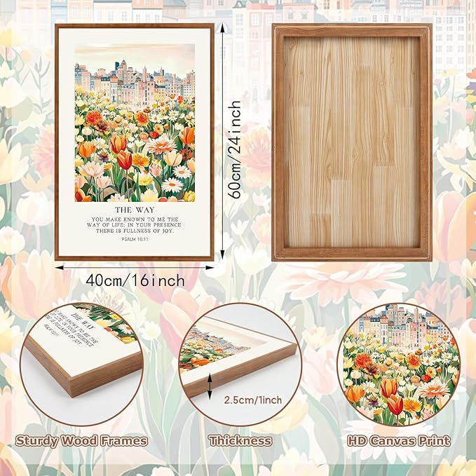 KAlRNE Christian Floral Framed Canvas Wall Art Set of 3(16”X24”),Bible Verse Cityscape Wall Decor,Vintage Colorful Flower Picture Inspirational Scripture Art Prints For Living Room Bedroom Church